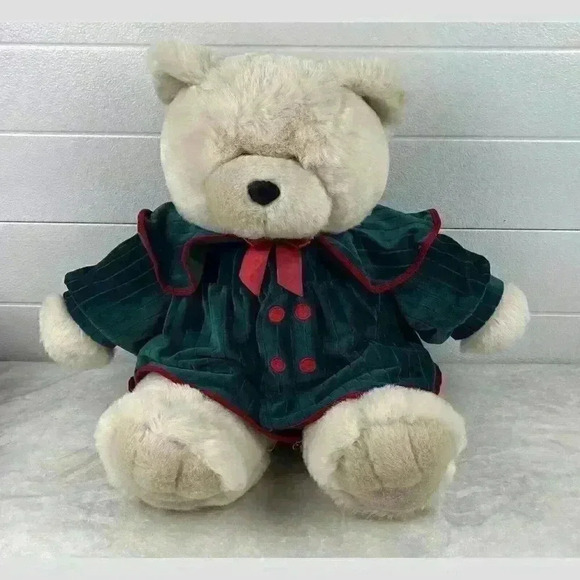 🔵2/$15 ~ Dan Dee vintage Plush Bear White With Green‎ Overcoat - Picture 1 of 10